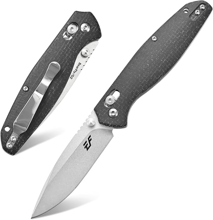 Eafengrow EF966 Folding Knife D2 Blade Micarta Handle with Pocket Clip EDC Tactical Knife thumb knobs Axis Lock EDC Multitool Knife (BLACK)
