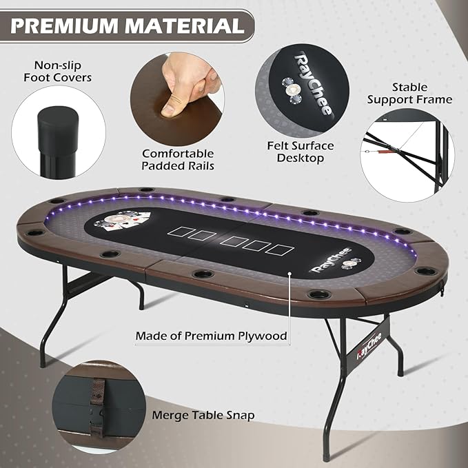 LED Poker Table, 84" 10 Player Foldable Texas Holdem Table w/Inlaid LED Light, 2 USB & 2 Type-c Ports, Portable Blackjac for Texas Card Game w/Cup Holders and Padded Rails (Brown)