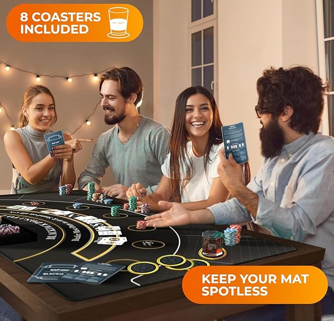 Newverest Blackjack Mat 70" x 35", Blackjack Table Top for Home Game Nights with Friends | Black Jack Casino Table Topper, Poker Mat Layout in Zipper Storage Bag with 8 Coasters in Gift-Ready Box