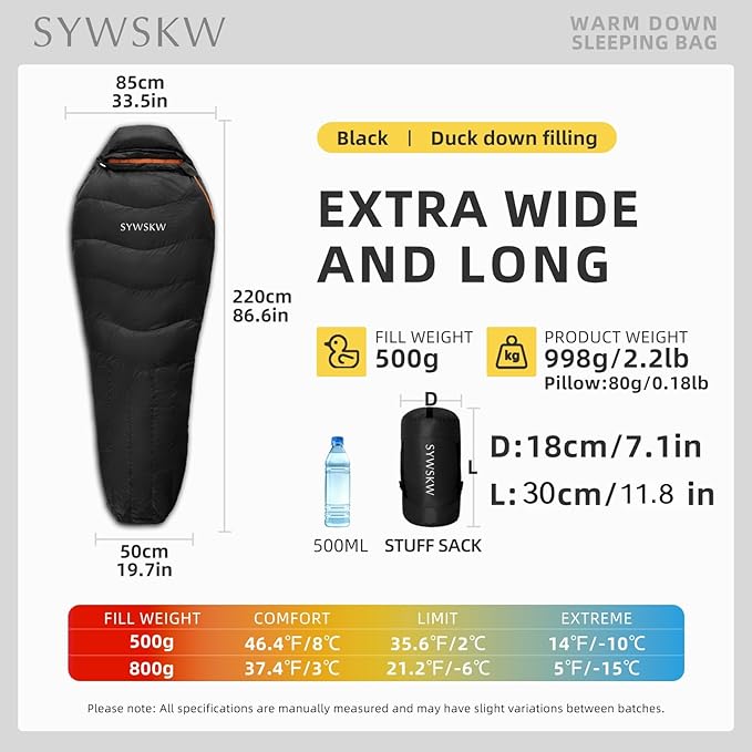 Down Sleeping Bag with Pillow, Lightweight Wide Sleeping Bag (86.6 in x 33.5 in) for Adults Backpacking,Hiking and Camping Outdoor with YKK Two-Way Zipper,680FP Duck Down