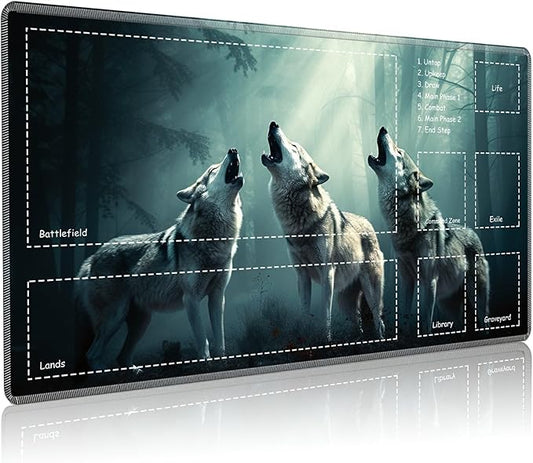 Playmat for MTG with Zones, 24 x 14 inches Game Play Mat for MTG TCG, Trading Card Game Play Mat Desk Mats with Stitched Edges Non-Slip Base, Three Wolfs