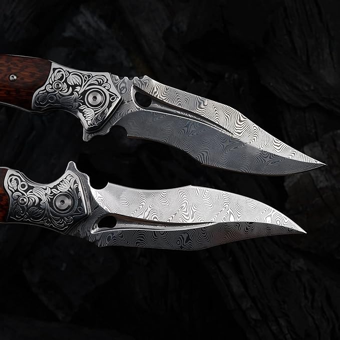 Japanese VG 10 Damascus Steel Folding Knife, Outdoor Wilderness Survival Pocket Knife, Snake Wood Handle Lined Lock, Leather Sheath, EDC Pocket Knife