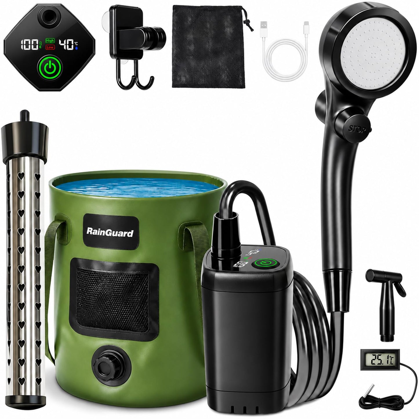 Portable Shower for Camping, 6000mAh Rechargeable Camp Shower Pump with Immersion Water Heater, 6.6