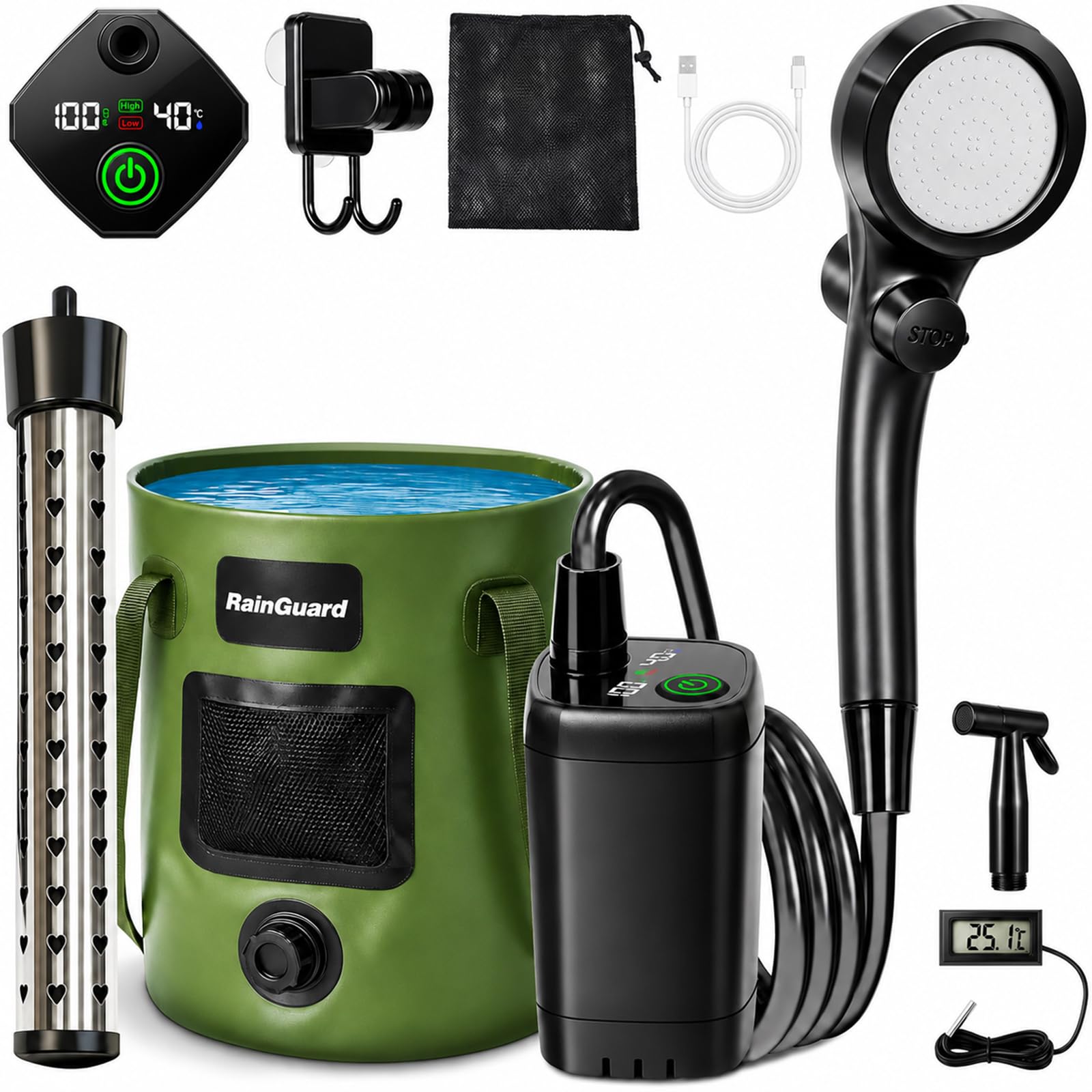 Portable Shower for Camping, 6000mAh Rechargeable Camp Shower Pump with Immersion Water Heater, 6.6