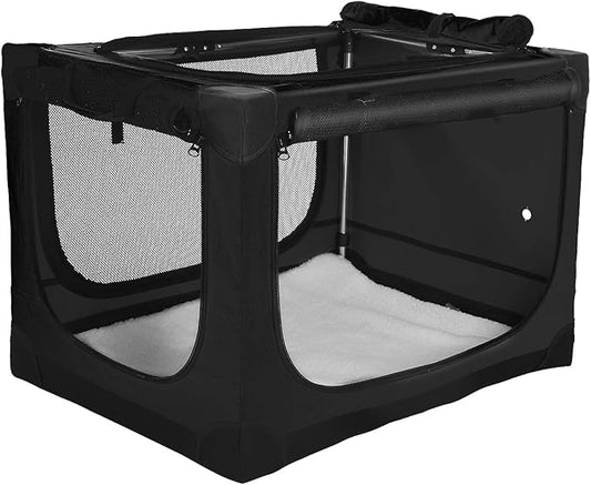 24-Inch Collapsible Travel Dog Crate, Portable 4-Door Soft Kennel for Medium to Large Dogs, Durable Mesh Windows, Indoor/Outdoor Use, Foldable, with Storage Bag (Black)