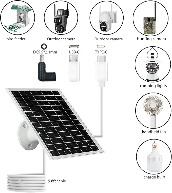 Solar Panel for Security Camera IP65 Waterproof USB Solar Panel Charger Type-C Port?�Micro USB Port＆DC Port Solar Sanels for Cameras with 9.8ft Charging Cable 6W Charging Power(1 Pack White)