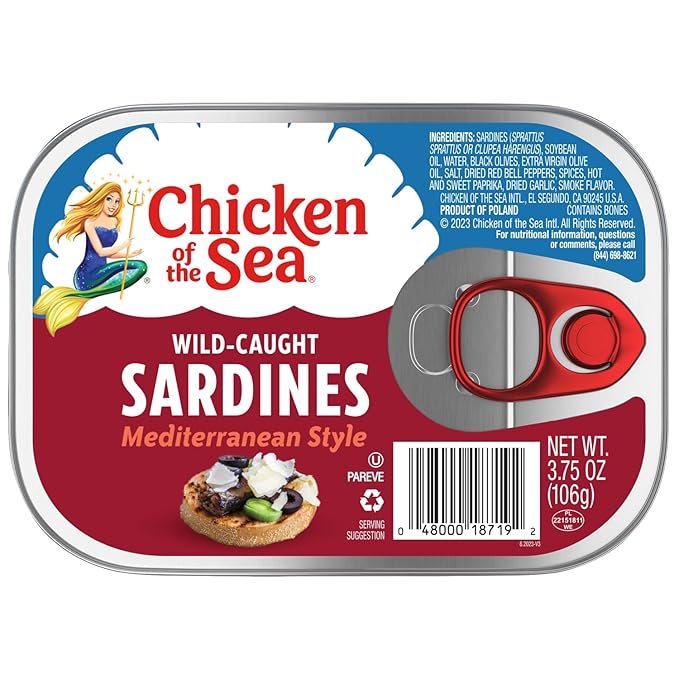 Chicken of the Sea Sardines, 3.75 oz. Cans (Pack of 18), Mediterranean Style, Wild Caught Sardines, Packaging May Vary