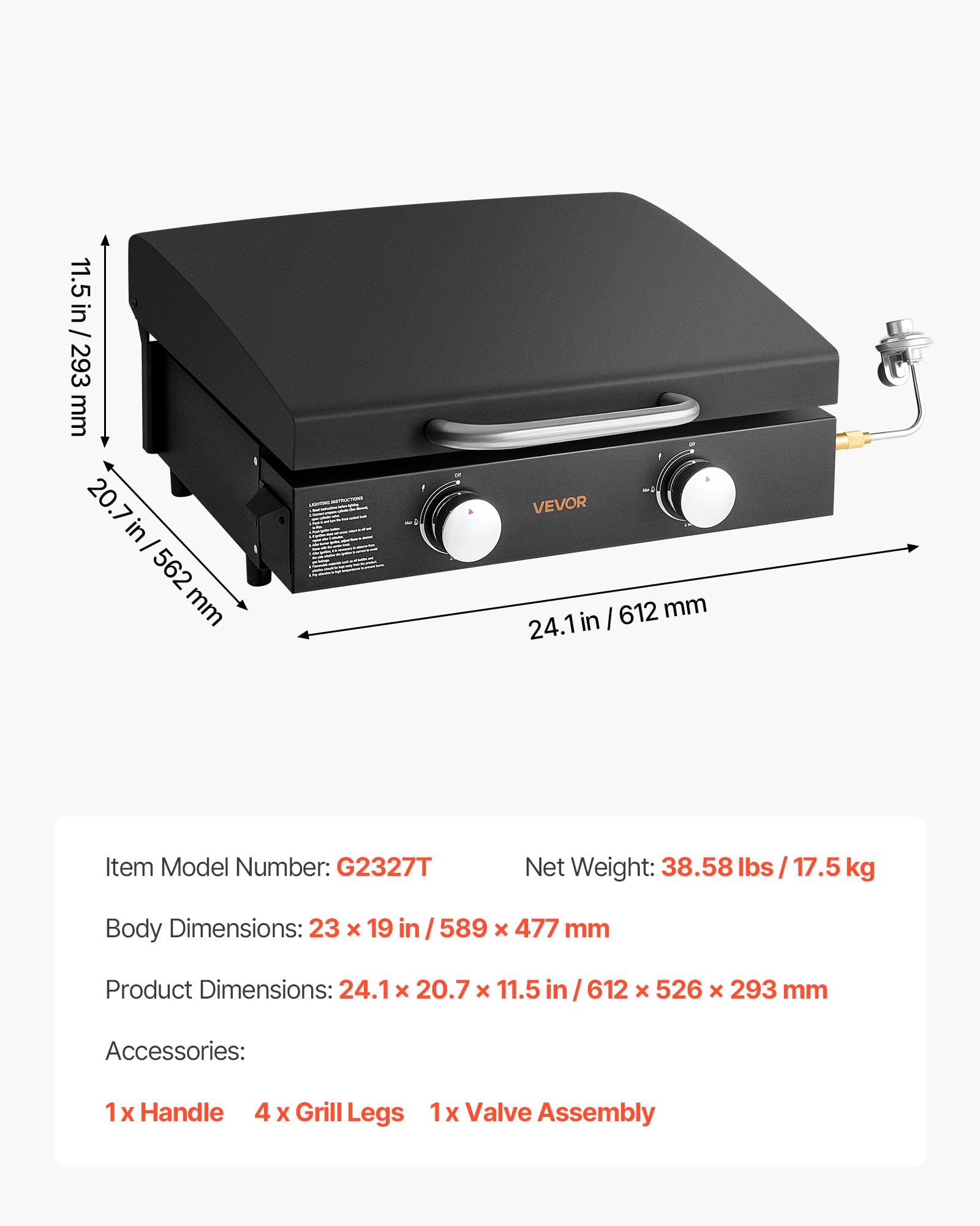 VEVOR Gas Griddle, 2 Burner Tabletop Griddle, 22 inch Portable Griddles Propane with Lid, Oil Drain