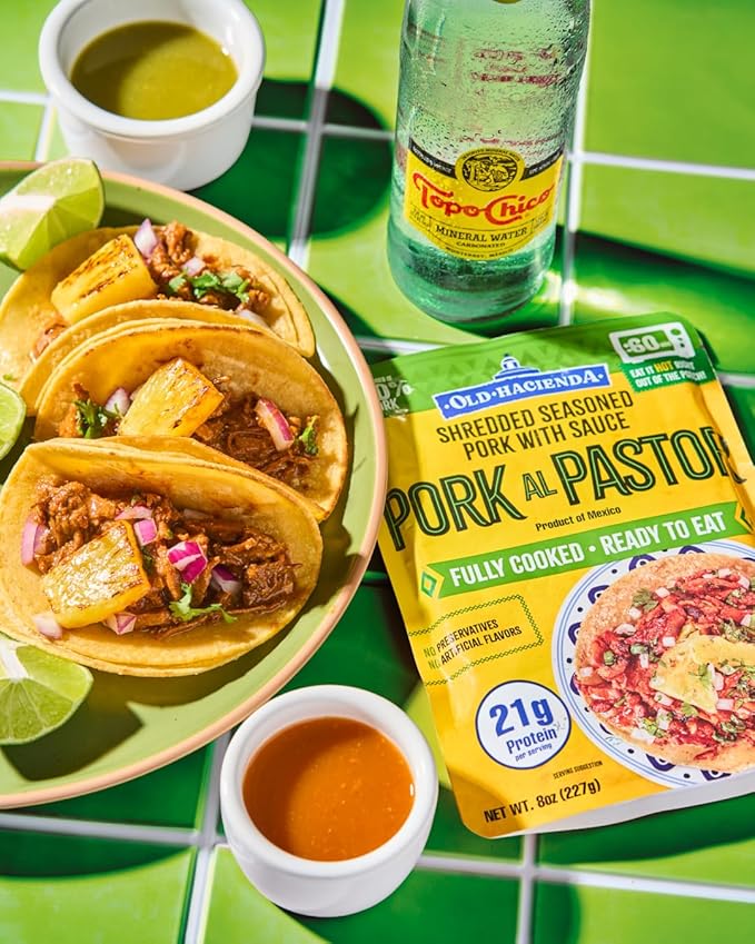 Old Hacienda Pork al Pastor | 100% Shredded Seasoned Pork with Sauce | Fully Cooked & Ready to Eat | 21g Protein | No Preservatives, Artificial Flavors or Colors | BPA Free Pouch | Pack of 3-8oz