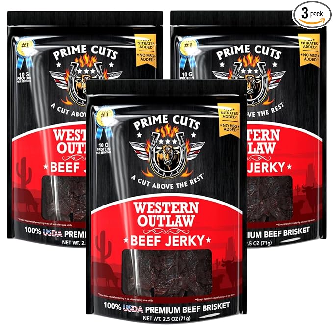 Prime Cuts Western Outlaw Beef Jerky | USDA Prime Brisket | Smoky Cowboy-Style Flavor | High-Protein, Low-Fat Snack | Crafted for Adventure | Authentic Taste of the American Frontier