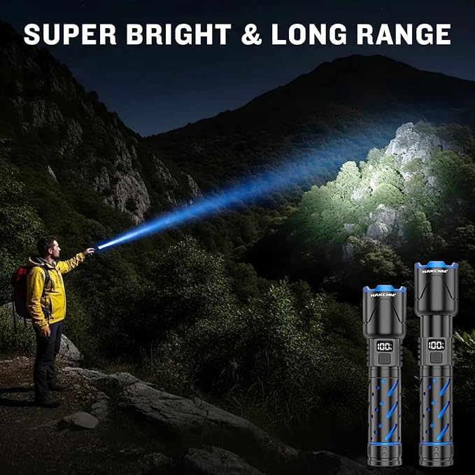 NAKCNM Flashlights High Lumens Rechargeable 2000 Lumens Super Bright with LCD Digital Display, 3 Mode, Waterproof, Powerful Tactical Flashlight for Camping Outdoor Emergencies