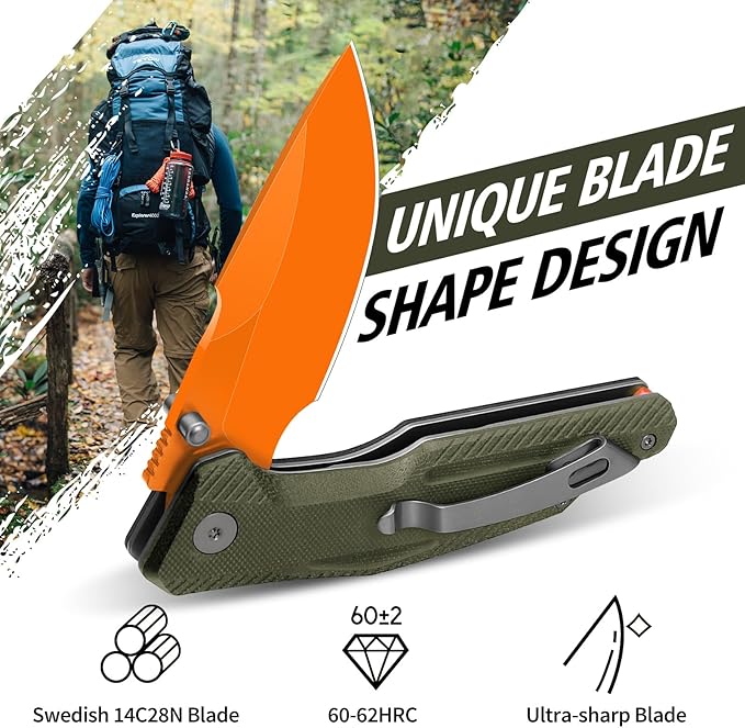 FINTISO Pocket Knife, 3.26" Premium 14C28N Blade G10 Handle with Fire Starter Function, Folding Knife with Pocket Clip for Men Women, EDC Knife for Outdoor Camping, Hunting, Hiking, Survival, Falcon Series