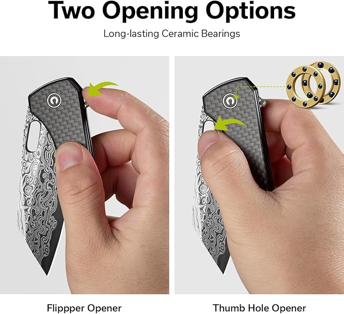 CIVIVI Nugz Folding Pocket Knife for EDC, 3.17" Damascus Reverse Tanto Blade Twill Carbon Fiber Overlay on Black G10 Handle Flipper Knife for Ideal Gift to Men Women C23060-DS1 (Black)