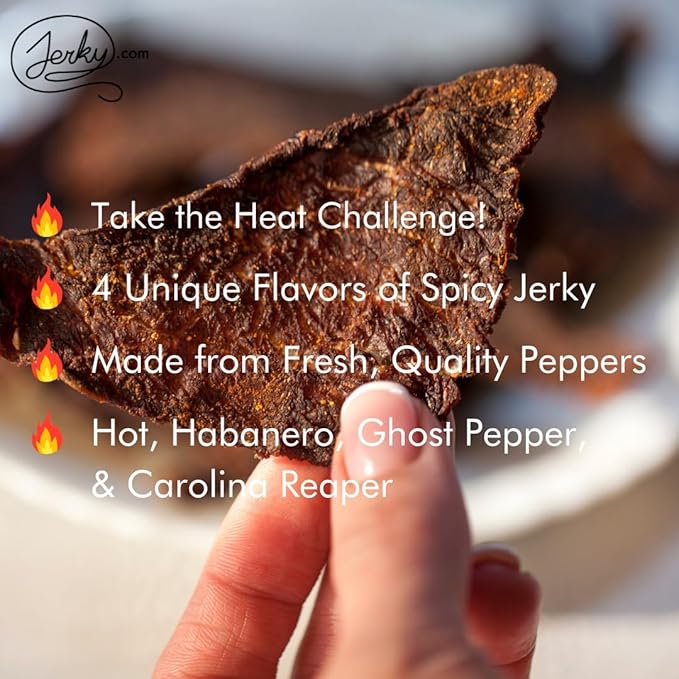Jerky.com Hot Jerky Sampler - Featuring Habanero, Ghost Pepper, Carolina Reaper, and Classic Hot Beef Jerky - Perfect for Heat Seekers and Flavor Enthusiasts - Great Gift for Men (4 Flavors - 1 oz. bags)