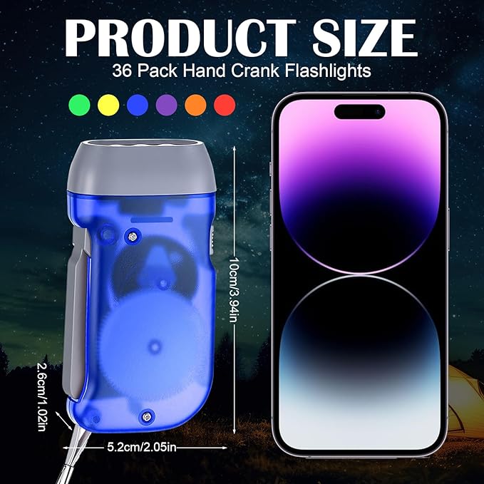 Treela 36 Pcs Hand Crank Flashlights Operation Christmas Bulk Items Squeeze Flashlight No Battery Required Torchlight 3 Powered Charging for Emergency(Red, Blue, Purple, Orange, Yellow, Green)