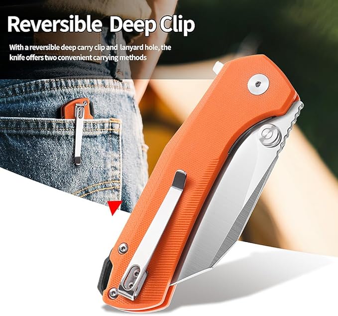 ioko Folding Pocket Knife, 3.5-Inch D2 Steel Blade, G10 Handle, EDC Camping Survival Knife with Clip (Orange)