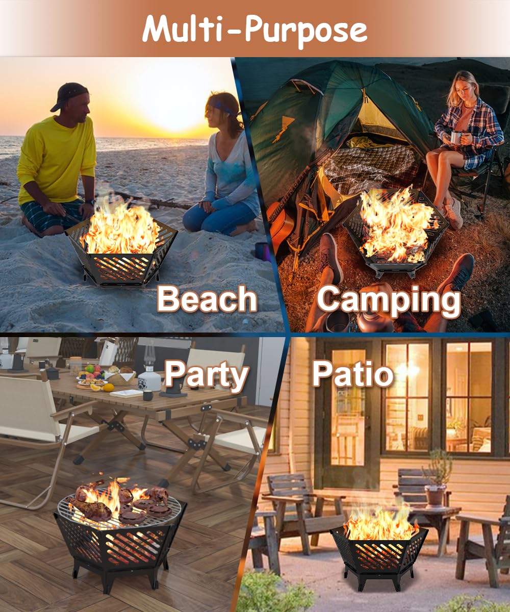Waaliji 22.5 Inch Portable Hexagon Fire Pit with Travel Bag — Smokeless Patented Design Outdoor
