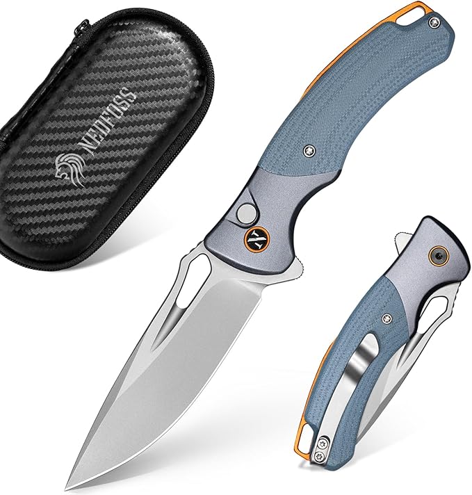 NedFoss Heron EDC Pocket Knife, 2.95" Japanese VG10 Steel Blade Button Lock Knife with Lightweight Blue G10 Handle w/Aluminum Bolster, Utility Folding Knife for Camping, Hunting, Survival Use