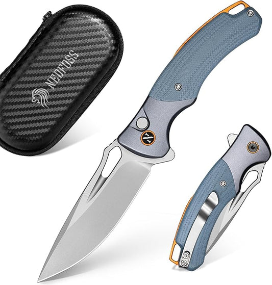 NedFoss Heron EDC Pocket Knife, 2.95" Japanese VG10 Steel Blade Button Lock Knife with Lightweight Blue G10 Handle w/Aluminum Bolster, Utility Folding Knife for Camping, Hunting, Survival Use