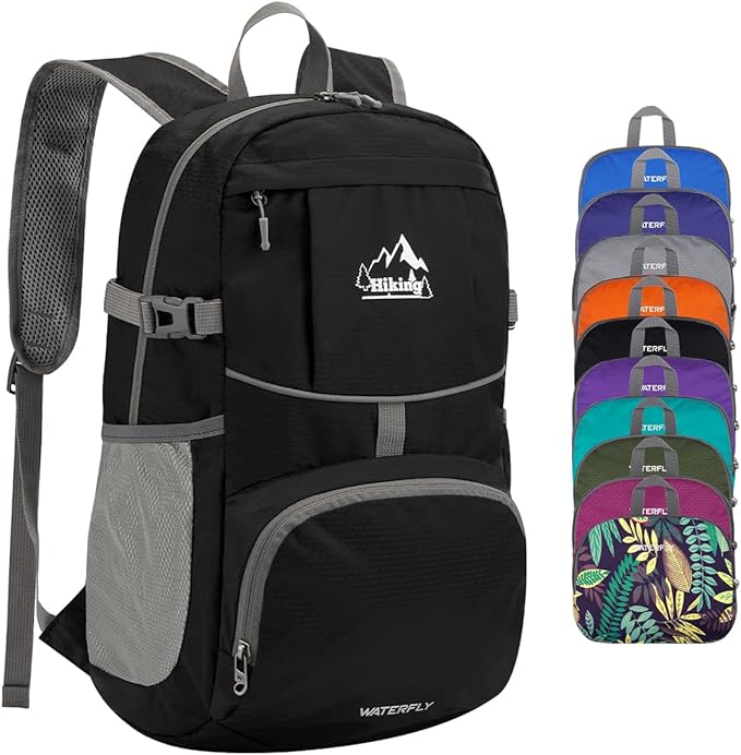WATERFLY Packable Hiking Daypack Backpack: 25L Ultra Lightweight Foldable Waterproof Outdoor Travel Day Pack for Women Men
