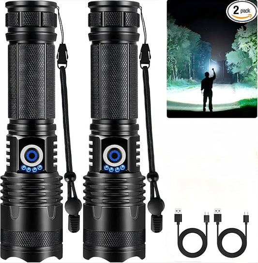 Rechargeable LED Flashlights High Lumens, 99,000 Lumens Super Bright Flashlights with 5 Modes, Waterproof Powerful Flash Light Multifunctional Flashlights for Home Emergencies Hiking（2 Pack）