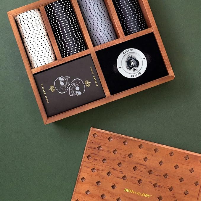 Iron & Glory Poker Set - Luxury Poker Set in Premium Wooden Box - Includes Playing Cards & 100 Custom Chips - Below Deck - Engraved Ace Of Spades Metal Dealer Chips - Board Games - Travel Games
