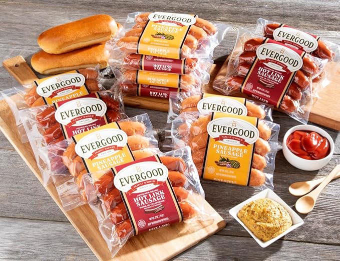 Evergood Sausage Sweet and Spicy Bundle - 12 Packs, Premium Pork Hot Links & Pineapple Sausages, Naturally Smoked, Juicy, Cajun Flavor, Grill Ready