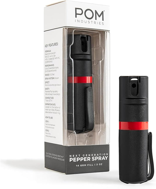 POM Pepper Spray Pocket Clip, Quick Flip Top Safety, Maximum Strength OC Formula with UV Marking