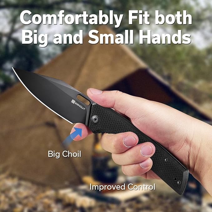 SENCUT GlideStrike Pocket Knife for EDC, Folding knife with Thumb Hole Openning, Textural Coarse G10 Handle with Deep Pocket Clip, Ideal Gift for Men Women S23018-1 (Double Black)