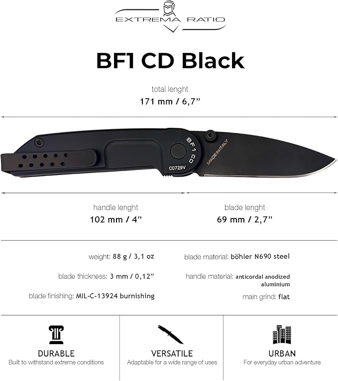 Extrema Ratio - BF1 CD (BLACK), Folding Knife, Böhler N690 steel blade hardened to 58 HRC, burnished finish, anticorodal aluminum handle with smooth grip, compact design, reversible clip