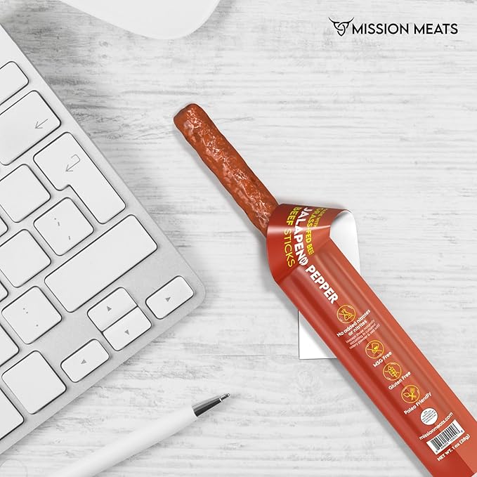 Mission Meats Beef Sticks – 100% Grass Fed & Pasture Raised, Sugar Free, Individually Wrapped Healthy Snacks, Whole 30 & Paleo Friendly, Jalapeno 1oz (Pack of 12)