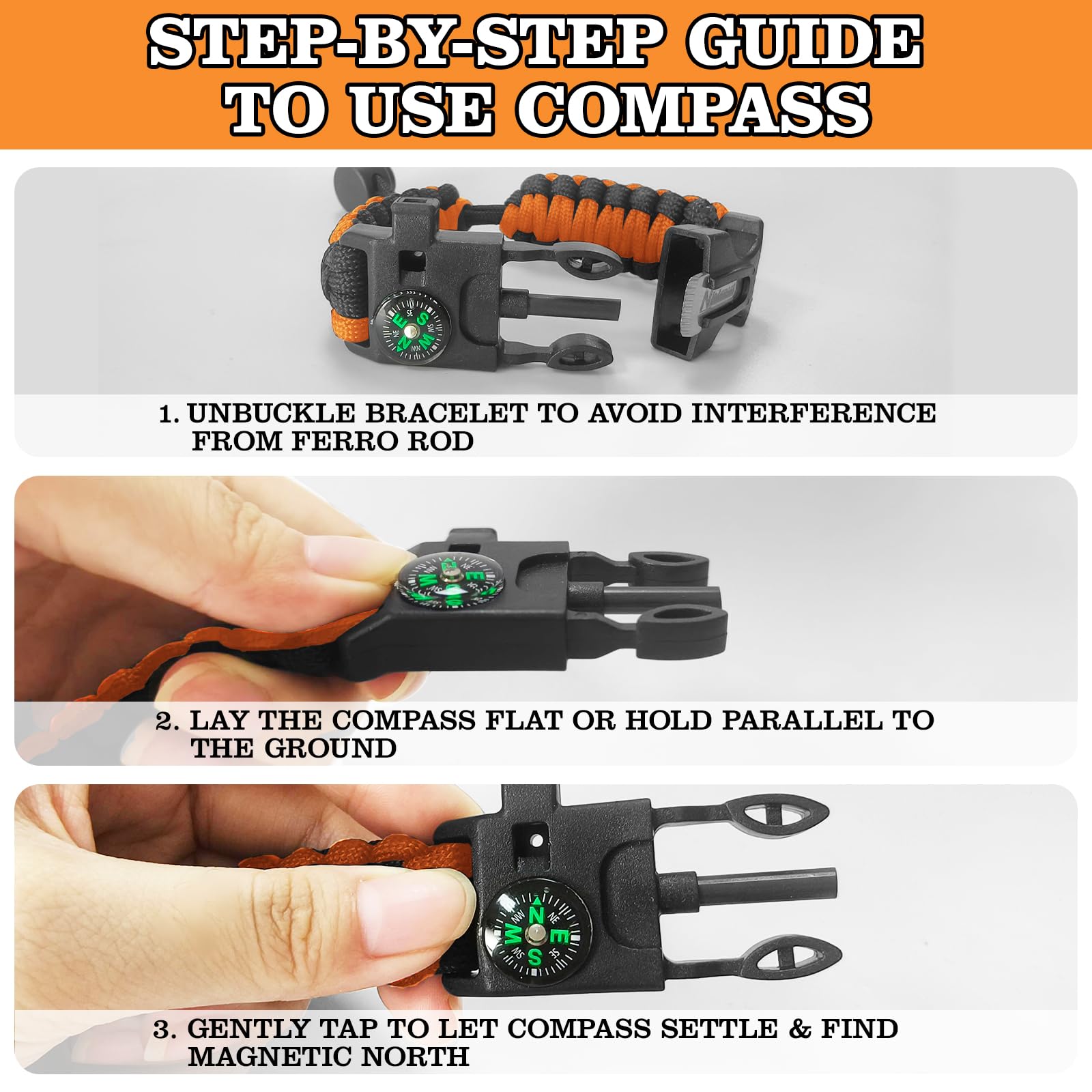 NVioAsport Paracord Survival Bracelet (3 Pack) - Adjustable with Fire Starter, Whistle, Compass