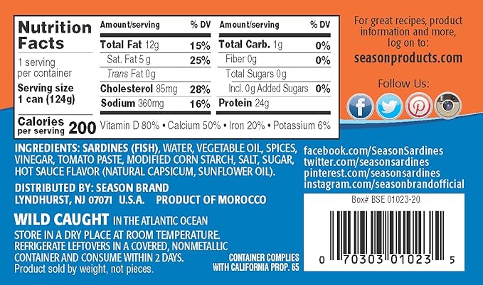 Season Sardines in Hot Sauce - Wild Caught, 24g of Protein, Keto Snacks, More Omega 3's Than Tuna, Kosher, High in Calcium, Canned Sardines - 4.37 Oz, 12-Pack