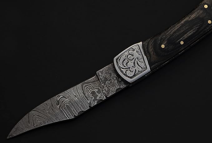8.5" long Folding Knife, Wood Scale with Engraved steel bolster, custom made 4.25" Hand Forged Damascus steel blade Cow hide leather sheath with belt loop (Black)