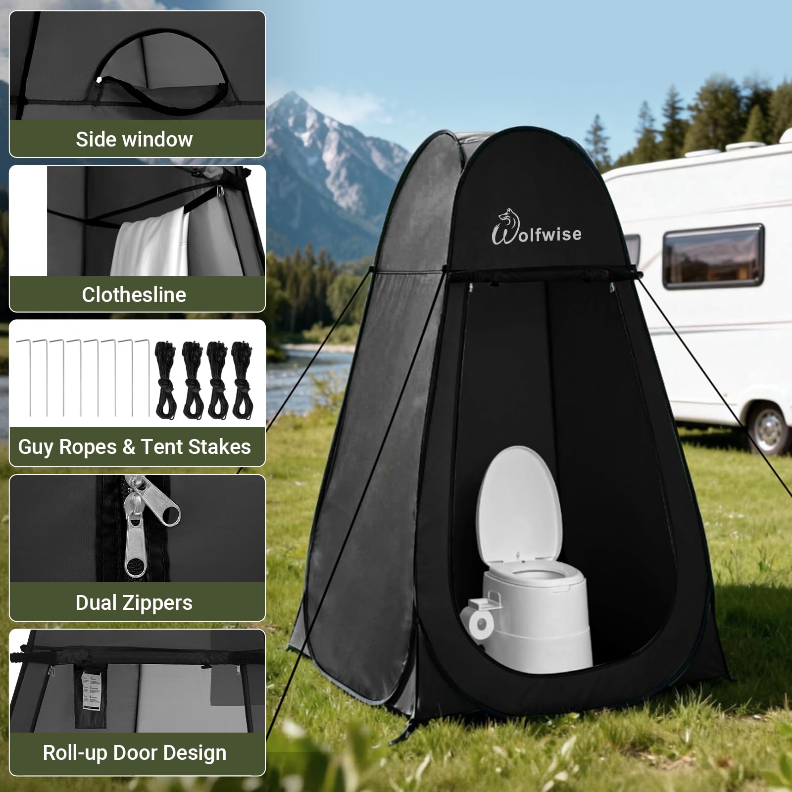 Wolfwise Pop Up Shower Tent for Camping Essentials, Portable Instant Changing Tent with Ventilation