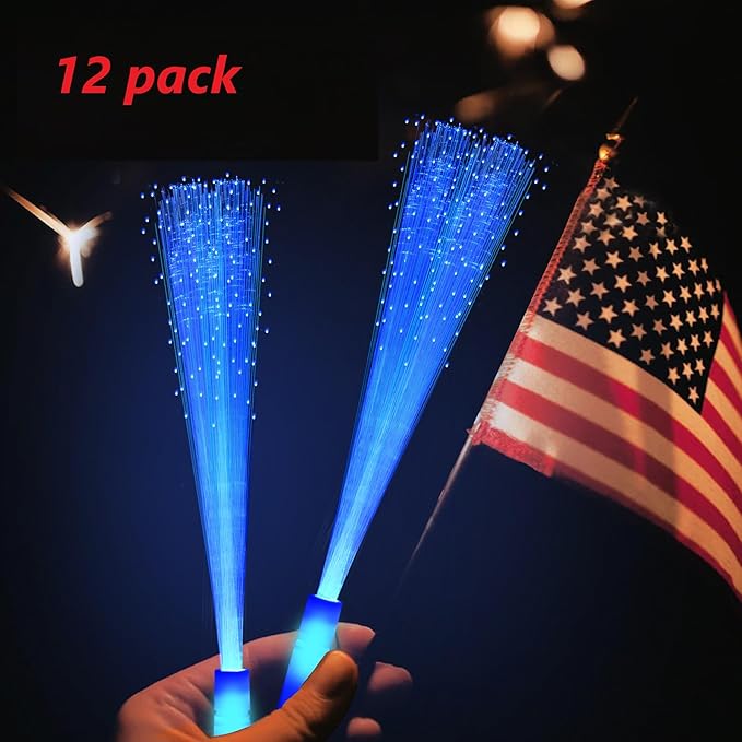 12 Pack Blue Glow Fiber Optic Wands Bulk Light Up Wand Glow Sticks with 3 Light Modes for Easter 4th of July Christmas Party Favors