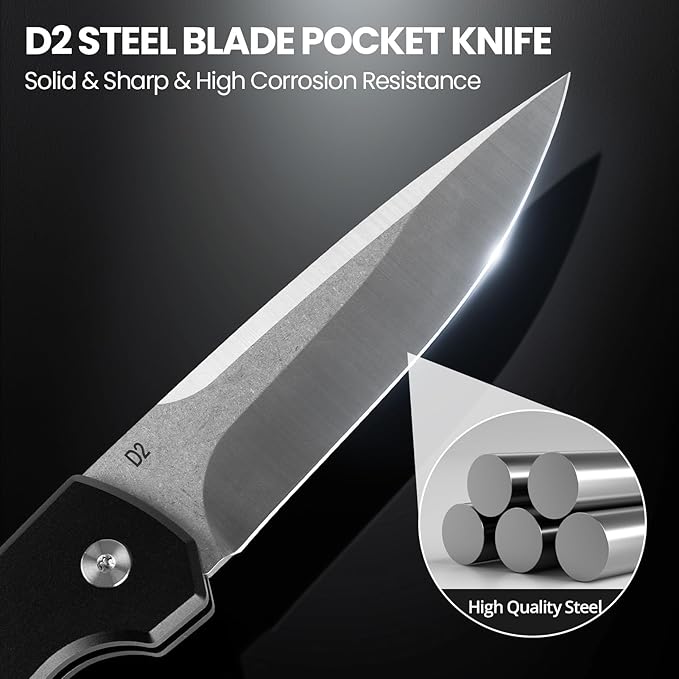 Pocket Knife for Men, Tactical Folding Knife with Clip, 3.94" D2 Steel Blade, Aluminum Handle, Safety CNC EDC Knives, Survival Gadgets Gifts for Men Women Camping Hiking Everyday Carry