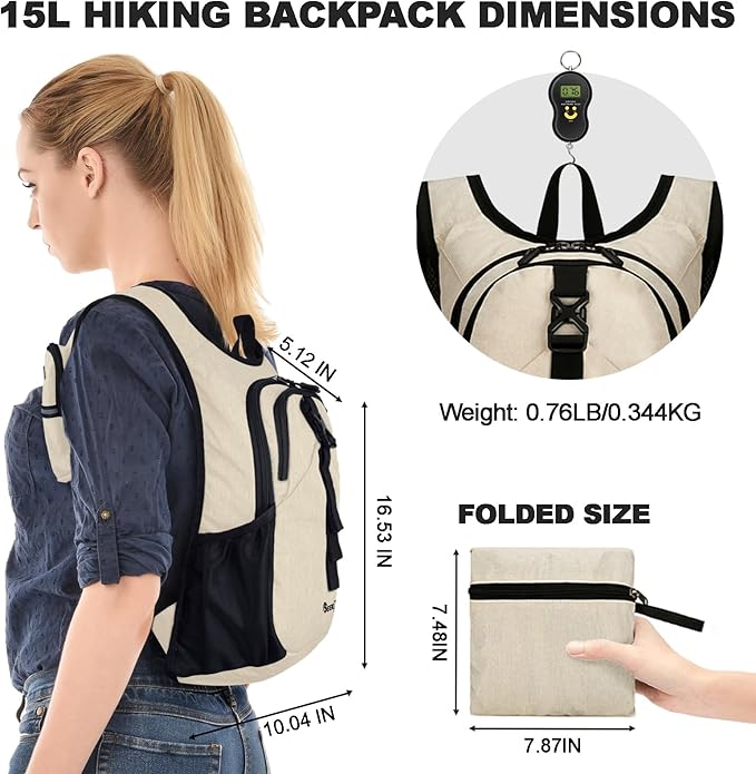 Seektop 15L Small Hiking Backpack for Women Men, Foldable Packable Backpack with Phone Pocket, Lightweight Travel Daypack for Hiking Camping Outdoor (Beige)