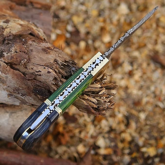 6.5 inch Damascus Pocket Knife with Sheath, Handmade Folding Pocket Knife for Men, Black-Red Wooden Handle with Brass Bolster, Secure Lock Back Camping Knife for EDC,Hunting,Hiking (Green)