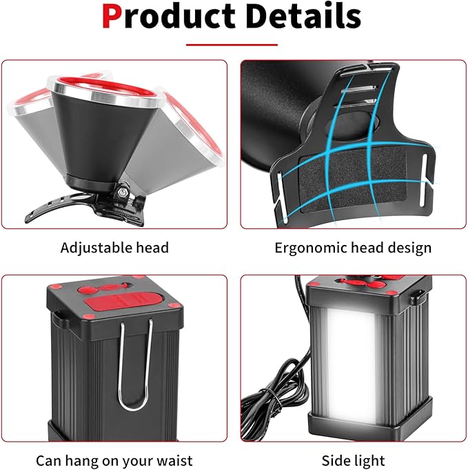 Superbright Bright LED Headlamp Powerful Portable Rechargeable Headlight Flashlight with External Side Light for Camping Biking Hunting Fishing (White Light)