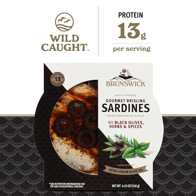 Brunswick Wild Caught Gourmet Brisling Sardines in Extra Virgin Olive Oil, Mediterranean Style with Black Olives, Herbs and Spices, 4.23 oz Can - Wild Caught Sardines - 13g Protein per Serving