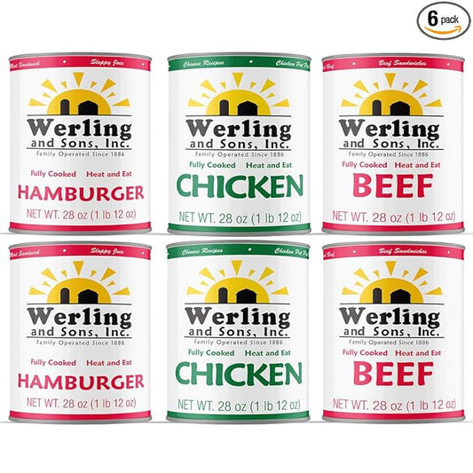 Werling & Sons Canned Meat Variety Pack 28 oz – Fully Cooked & Ready to Eat | 2 Hamburger, 2 Chicken, 2 Beef | Shelf-Stable Emergency Canned Food for Pantry Staples, Long-Term Storage, Camping & Quick Meals | Pack of 6