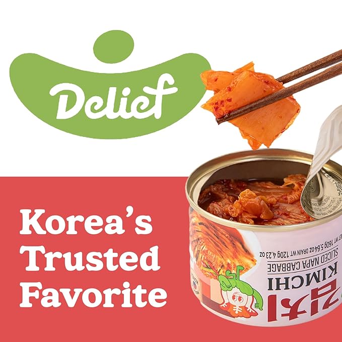 DELIEF Sliced Spicy Kimchi - Authentic Korean Napa Cabbage, Vegan, Gluten-Free, Shelf-Stable Canned, No Preservatives, 5.64 oz/160 g (1 Can)