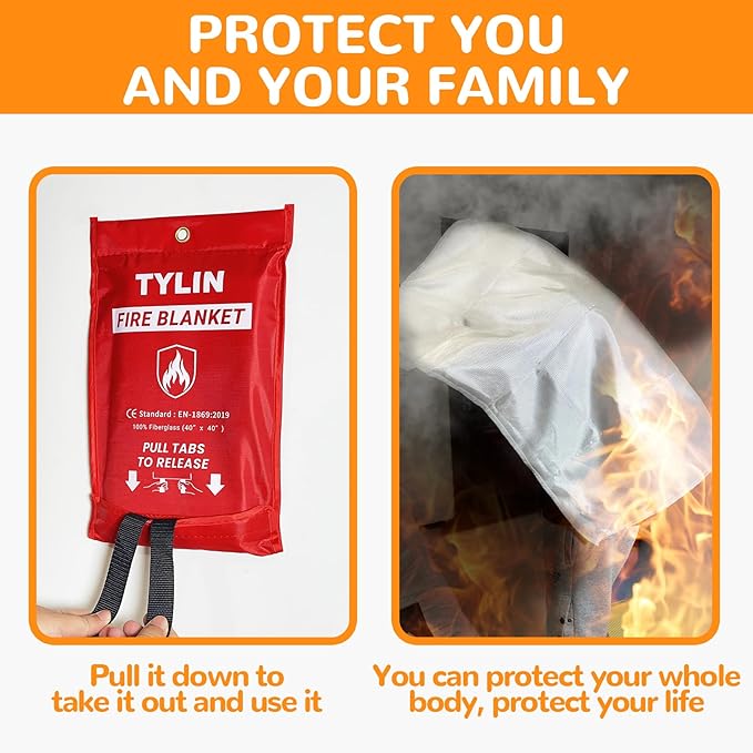 TYLIN Emergency Fire Blanket for Home & Kitchen 40??x 40??- 2 Pack, High Heat Resistant Fire Suppression Blankets for Home Safety, Kitchen, and Camping Fiberglass Welding (2)