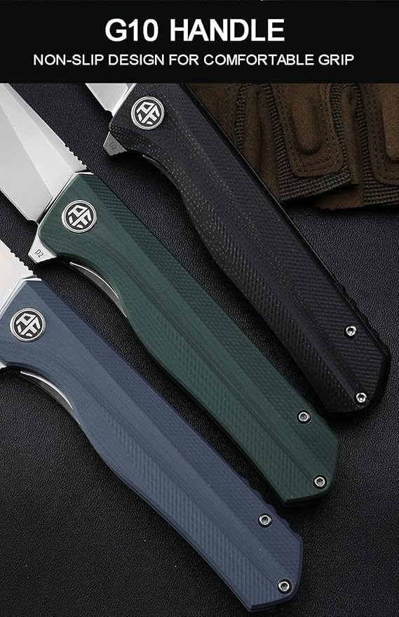 Petrified fish G10 handle D2 steel blade 2CR13 liner ball bearing flipper folding knife camping hunting EDC pocket tool PF818 (Green, Stonewash)