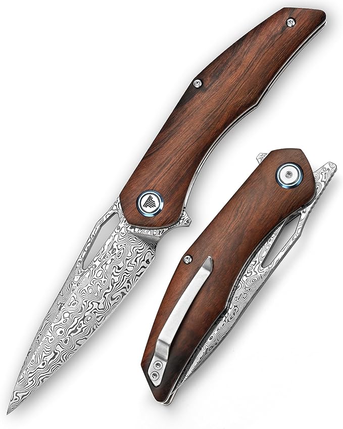 3.62'' Damascus Folding Pocket Handmade Knife for Men With Clip, Front Flipper Utility Knife for Best EDC Outdoor Camping Hiking Work Knives,Ironwood Handle &Ti Ring.Taurus-01i