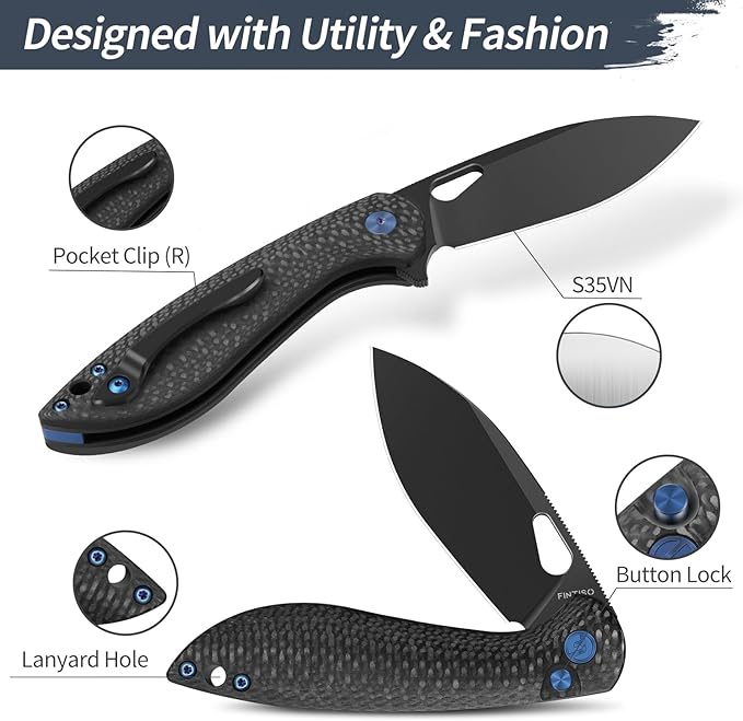 Pocket Knife, 3.1" Unique S35VN Blade Folding Knife with Button Lock, EDC Knife with Carbon Fiber Handle for Camping, Survival, Best Gift for Men Women-COBRA series