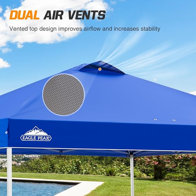 EAGLE PEAK Pop Up Canopy Tent with Wheeled Carry Bag, 8 Stakes, 4 Ropes, 4 Weight Bags, Easy Set Up Tent Canopy, 10x10 ft, 100sqft of Shade, Blue