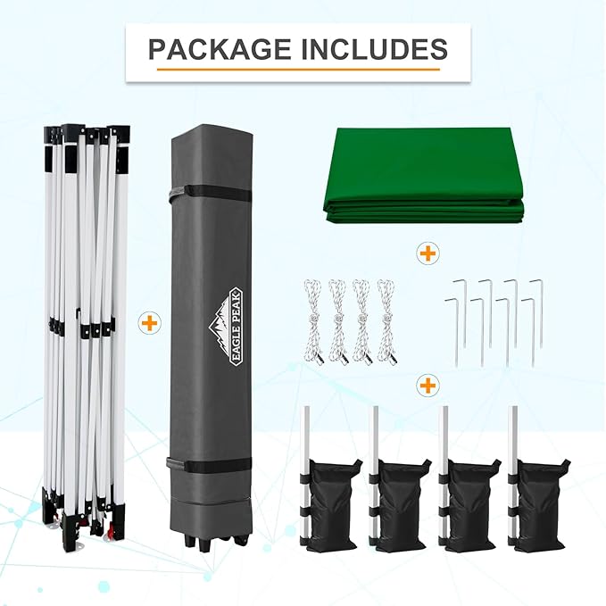 EAGLE PEAK Pop Up Canopy Tent with Wheeled Carry Bag, 8 Stakes, 4 Ropes, 4 Weight Bags, Easy Set Up Tent Canopy, 12x12 ft, 144sqft of Shade, Green