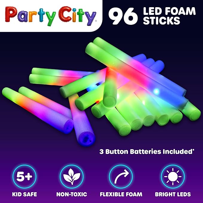 Party City 96pk LED Foam Glow Sticks 14?? Glow in the Dark Party Supplies Favors, Colorful Flashing Wand with 3 Modes, Foam Light Up Sticks Bulk Party Pack for Wedding, Birthday, Concert, Halloween